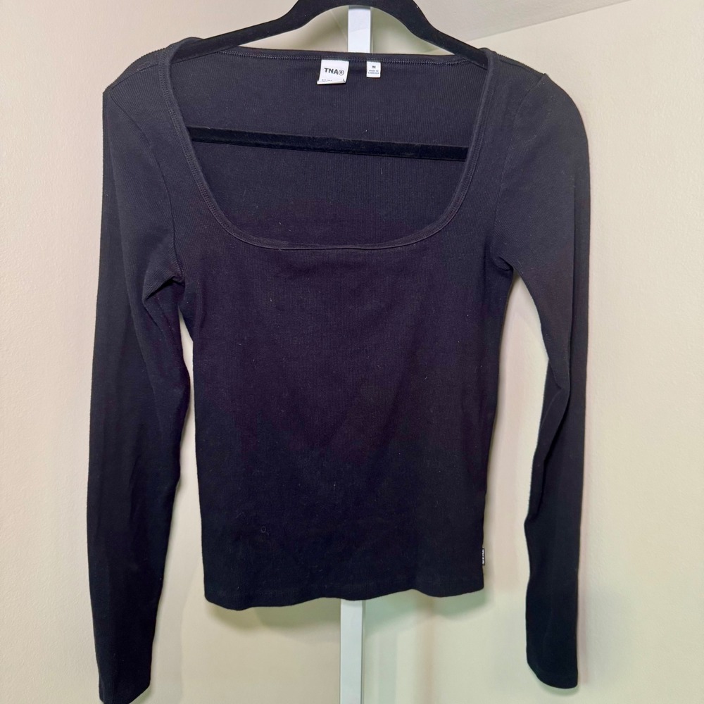 TNA Aritzia Black Ribbed Square Neck Long Sleeve Top Size M